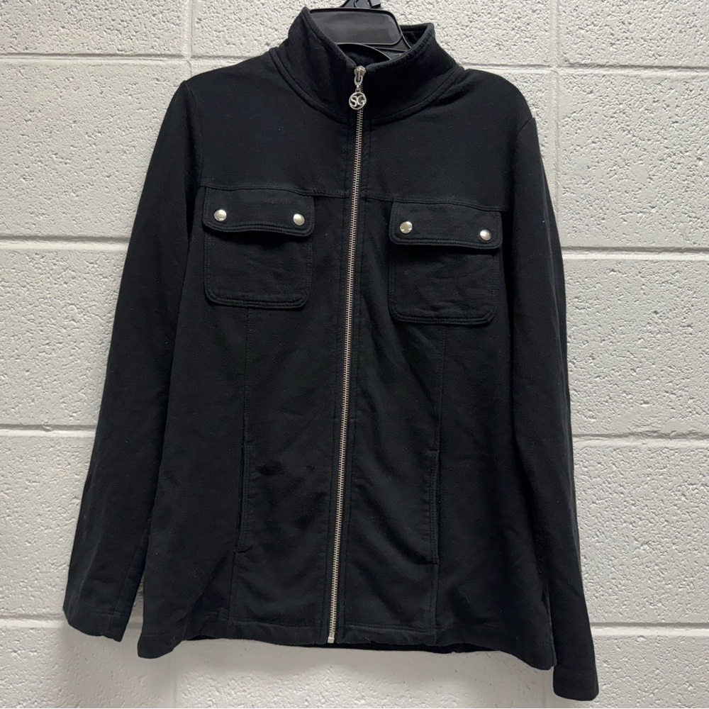 Susan Graver Weekend Black Zip Up Jacket Snap Pocket Detail Size XXS Fits‎ Small